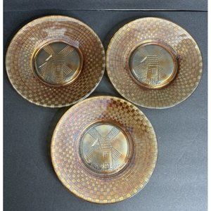 3 Hazel Atlas Windmill and Checkers Marigold Carnival Glass Plates 8" Across